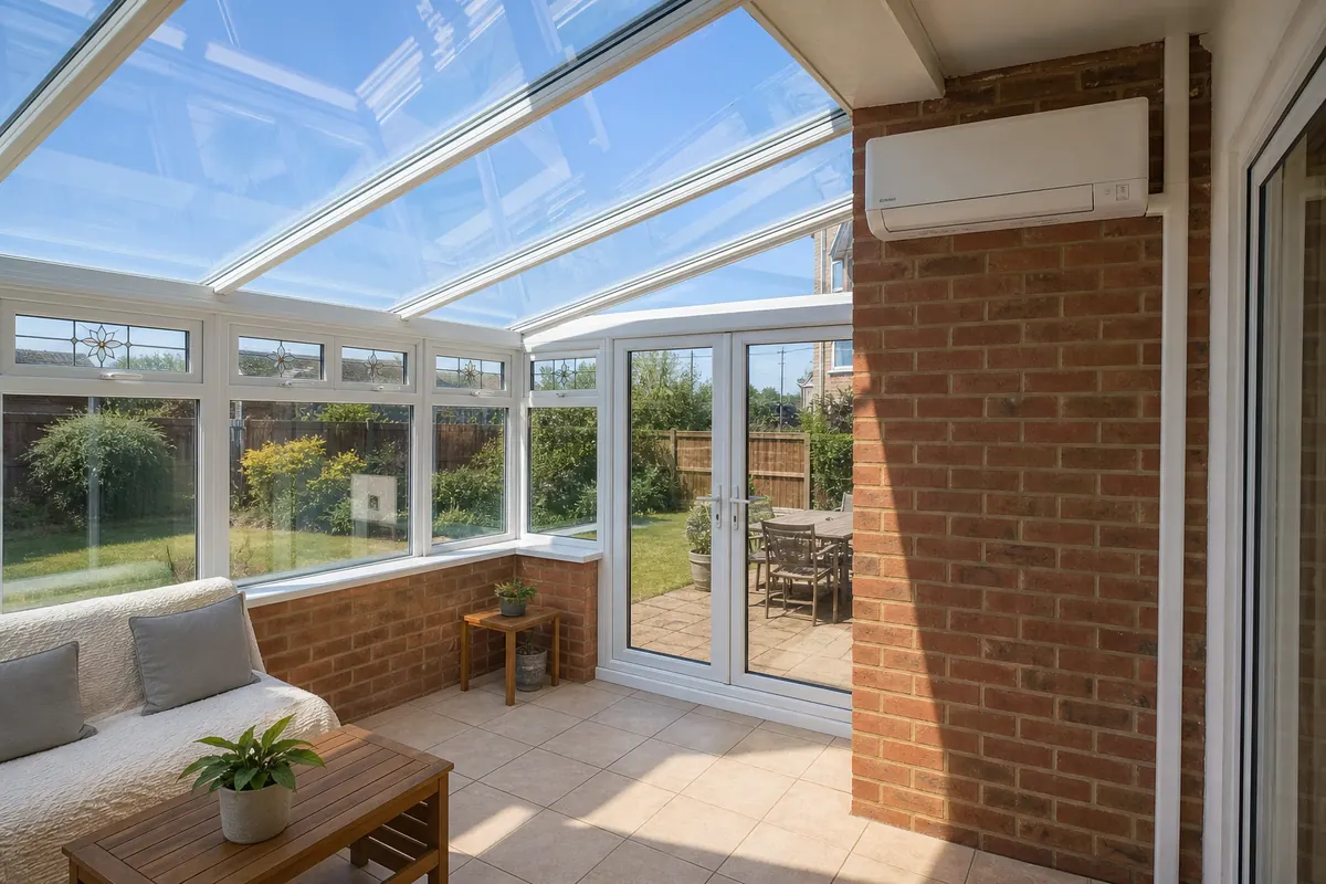 Wall-mounted air conditioning unit in a glazed conservatory Wall-mounted air conditioning unit in a glazed conservatory