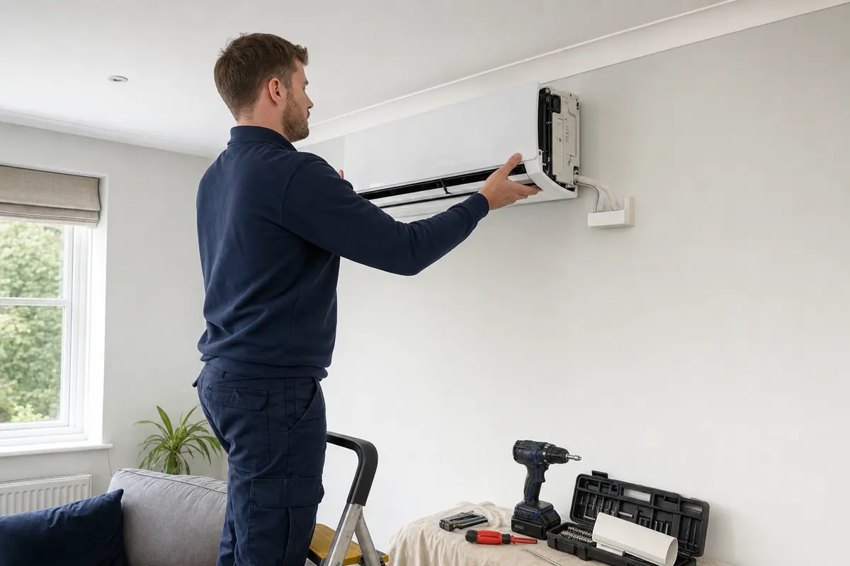 Engineer fitting a wall-mounted air conditioning unit Engineer fitting a wall-mounted air conditioning unit