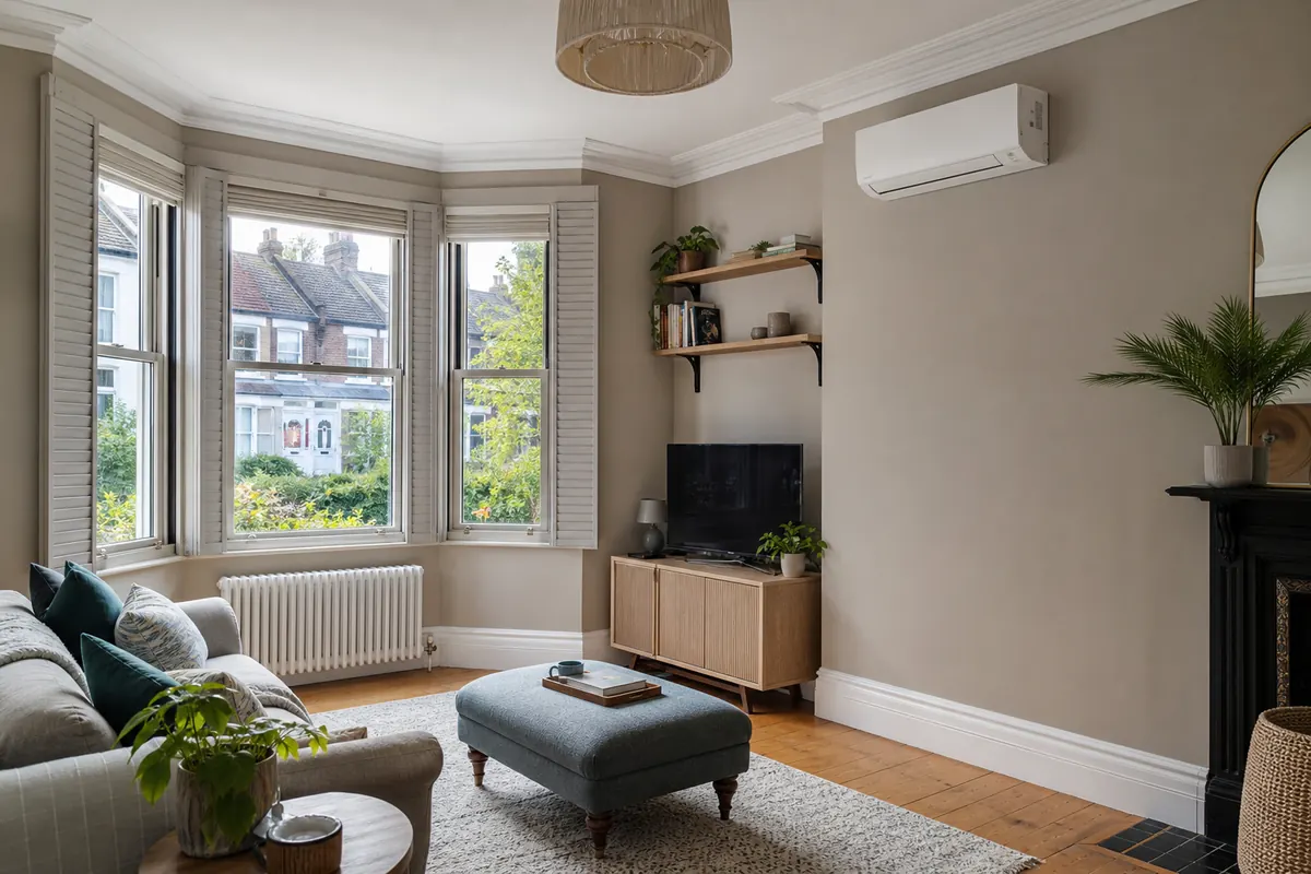 Wall-mounted air conditioning unit in a North Devon living room Wall-mounted air conditioning unit in a North Devon living room