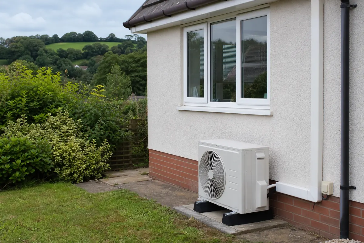 Outdoor air conditioning condenser beside a North Devon home Outdoor air conditioning condenser beside a North Devon home