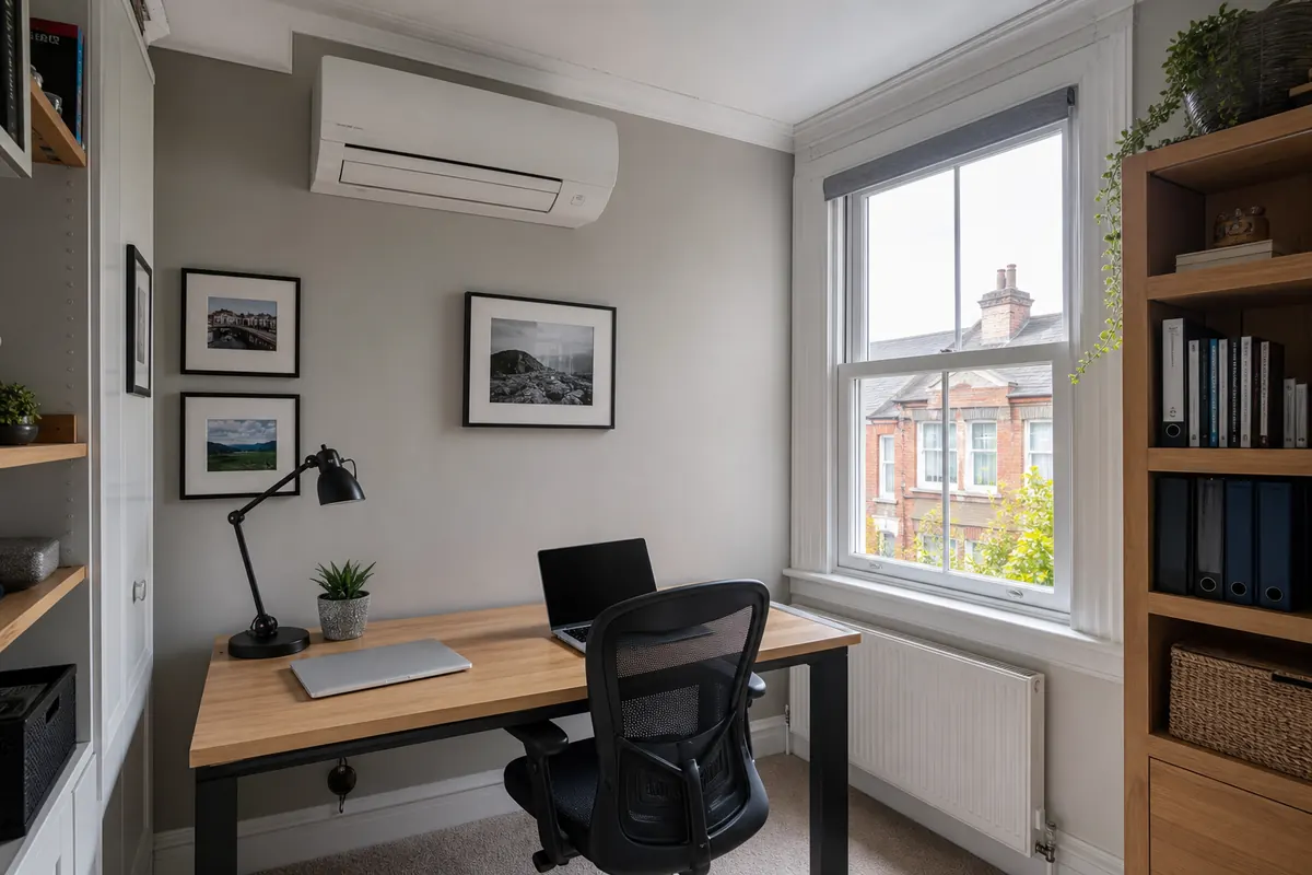 Wall-mounted air conditioning unit in a home office Wall-mounted air conditioning unit in a home office