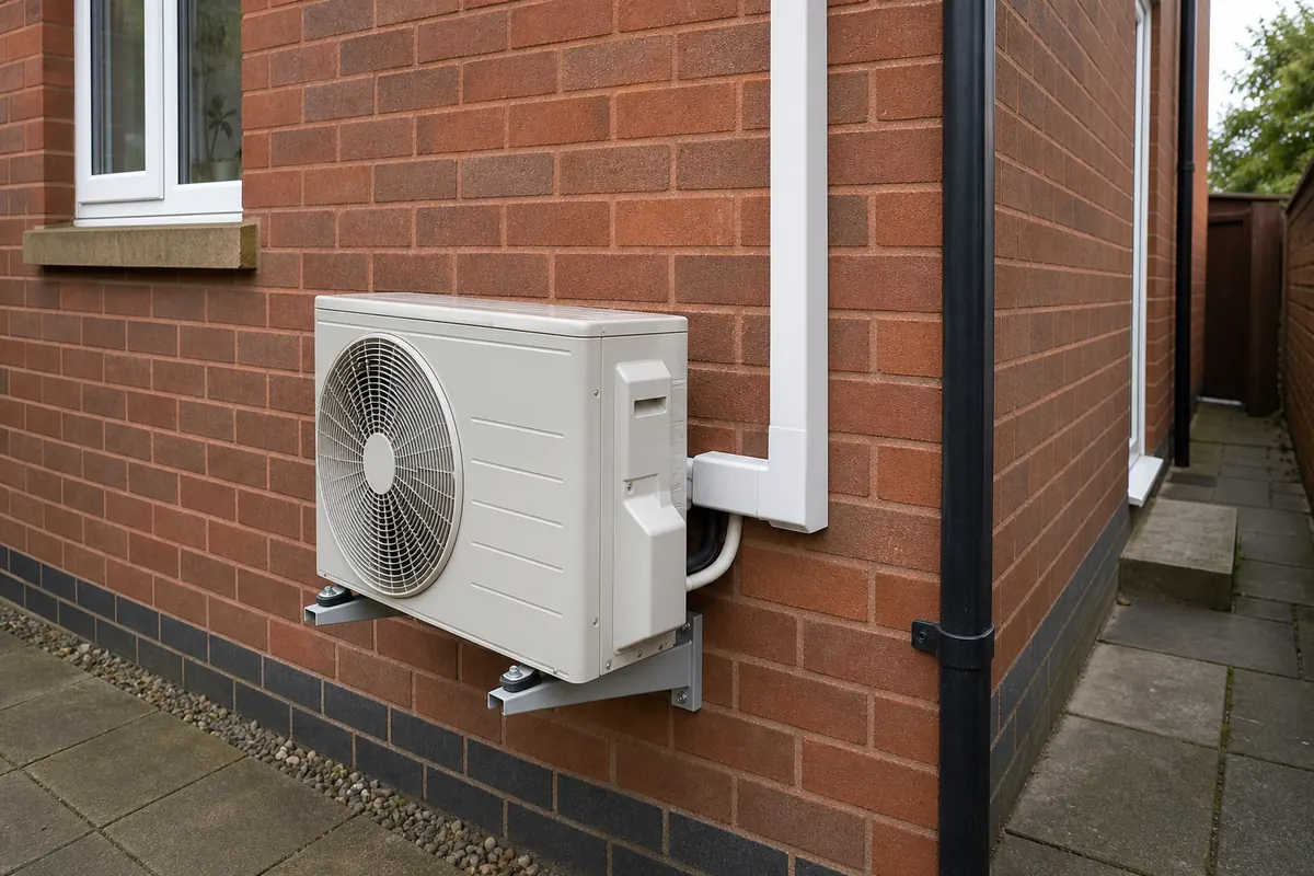 Outdoor air conditioning condenser mounted beside a brick wall Outdoor air conditioning condenser mounted beside a brick wall