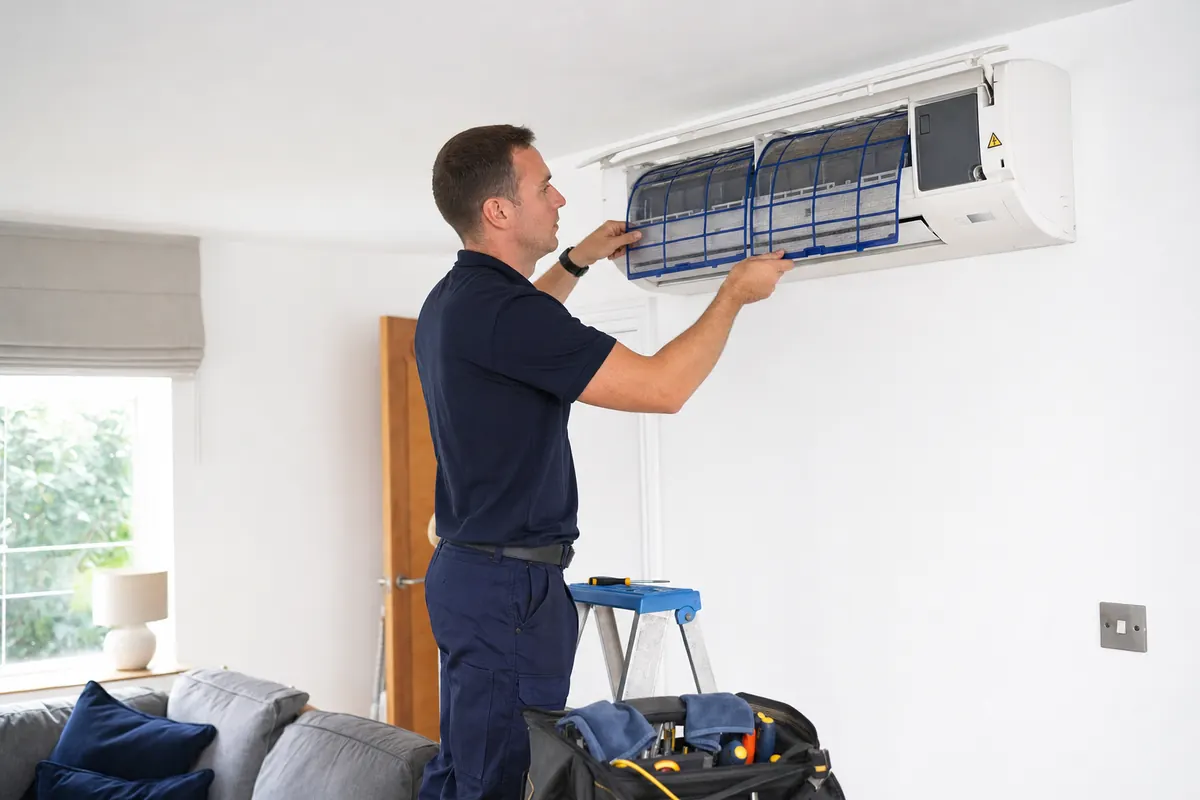 Engineer checking a wall-mounted air conditioning unit Engineer checking a wall-mounted air conditioning unit